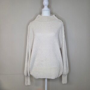 Cynthia Rowley Chenille Mock Neck‎ Sweater Gold Shoulder Button Cream Large
